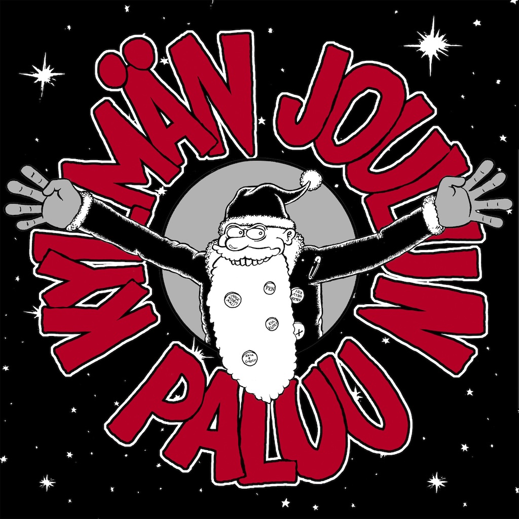 CD cover depicting the face of a grinning, thin-looking Santa Claus figure with band buttons in his beard holding out his hands, surrounded by words in a circle, Kylmän Joulun Paluu, on a starry night background