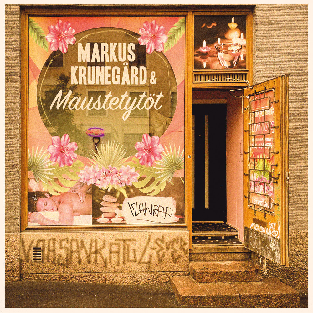 Image of urban storefront with steps leading up to an open door, a massage-parlor style window with circular transparency overlaid with the name of the artists and the title of the lead track spray painted on the concrete under the window